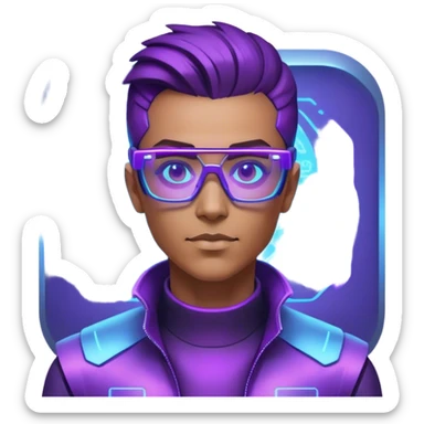 A futuristic cyberpunk human expert, half-human, half-digital, working on a glowing holographic interface, wearing high-tech glasses, with neon blue and purple lighting sticker