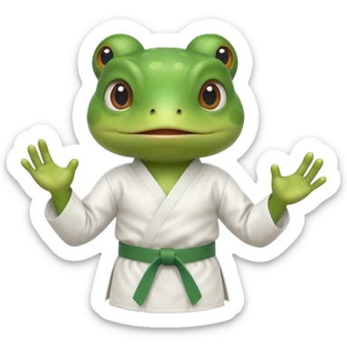 cute frog doing karate portrait, head and shoulders only, wearing white gi uniform, green belt visible, funny serious face, 3D cartoon, mobile game icon style, clean background, no text, no watermark
 sticker