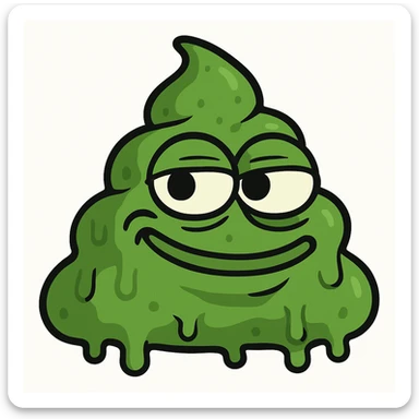 Make this green, goopy AI slop emoji look more like the classic poop emoji shape, but keep the green color and goopy, slimy texture. Add a mischievous, silly face in the style of Pepe the Frog meme. sticker