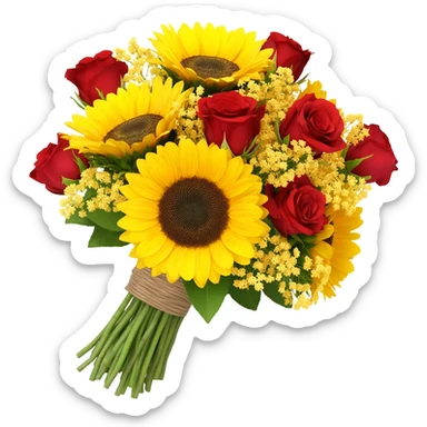 Bouquet of flowers in a Bouquet with sunflowers, roses, with yellow babysbreath sticker