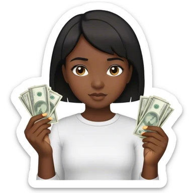 a young girl with dark skin and short black hair holding money and a glue stick in her hands sticker
