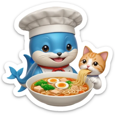 I want a dolphin on top of a cat eating ramen noodles in Japan shibuya sticker