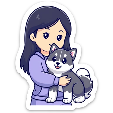 beautiful girl with long black hair holding a cute husky puppy sticker