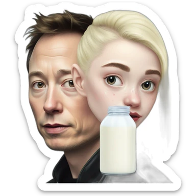 Grimes with drops of milk spray on face, elon musk smirking, duo sticker
