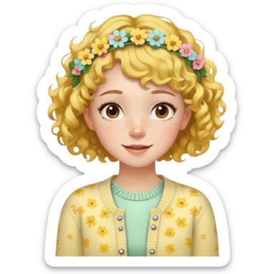  A freckled girl with short curly hair, a floral headband, and a pastel yellow cardigan, looking joyful. sticker
