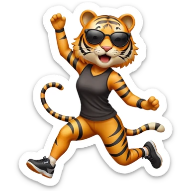 female energetic anthropomorphised tiger in sports clothes, wearing dark sunglasses, jumping with excitement sticker