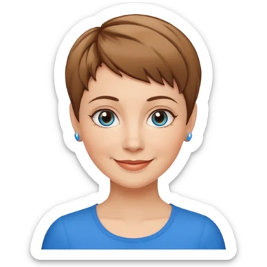 Frau, helle Haut, brauner Pixie schnitt mit dunkelblonden Spitzen, blaue Augen, mittleres alter sticker