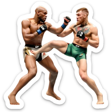 An MMA showdown between Conor McGregor and Anderson Silva in the octagon. McGregor is executing a powerful jumping strike, while Silva is expertly blocking the attack with his forearm. The background features the UFC octagon, fans in the distance, and dynamic action. Transparent background sticker