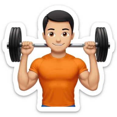 Mach mir einen glücklichen typen der im gym trainert und viele muskeln hat mit einem orangen sport thshirt und schwarzen kurzen haaren sticker