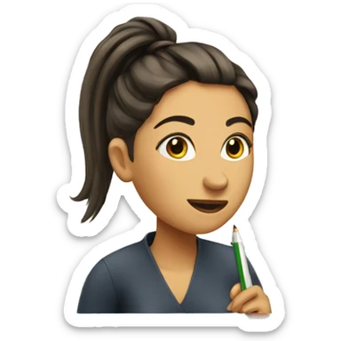 Woman with hair in ponytail writing on board sticker