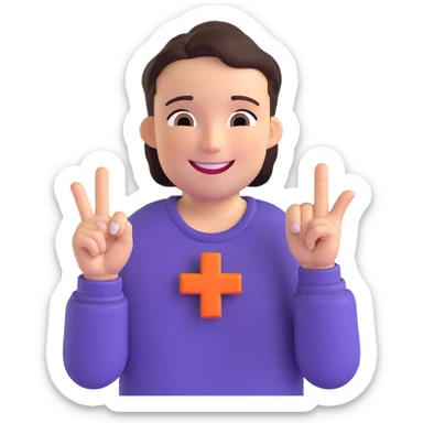 a friendly person smiling and forming a plus sign with their fingers in front of their chest, one hand horizontal, one vertical, lively and positive expression sticker