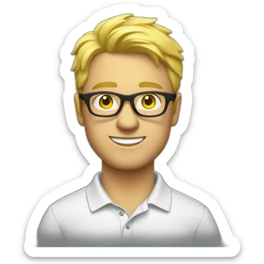 White man with yellow tinted glasses and black hair in a polo shirt sticker