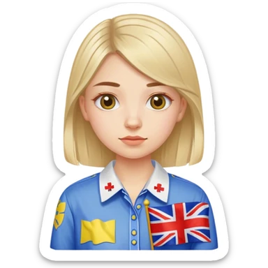 A Ukrainian girl wearing an embroidered shirt holds a British flag sticker