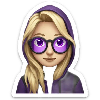 Girl blond developer  with round glasses right side behind his laptop with this style: Alan Walker Singer purple character purple black hooded hacker themed character sticker