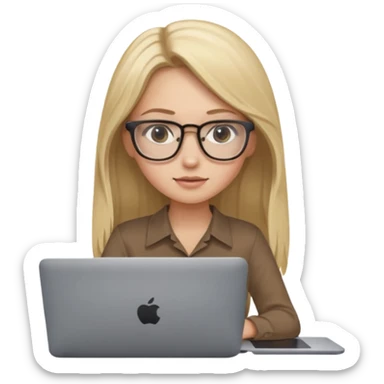 Girl in glasses, blonde long hair, brown blouse, sitting with gray MacBook sticker