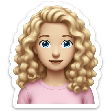 Pale skinned young female with brown curly hair and blue eyes wearing a pink crewneck sticker