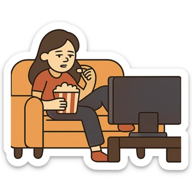 flat toon style girl slouched on couch, TV on, eating popcorn sticker