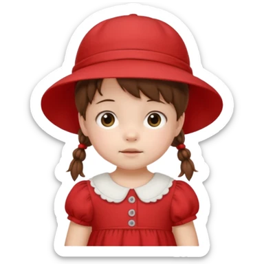 baby girl with brown hair and pigtails with a hat and red dress like My Neighbor Totoro movie sticker