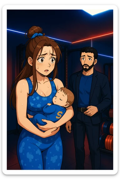 ispirati a questo stile di disegno e fai questa immagine in versione manga/webtoon a colori, il manga mostra la donna preoccupata con un neonato in braccio con una tutina azzurra e la scritta "S" sulla schiena, la donna gli sta facendo una domanda all'uomo, ma non fare i fumetti, fai come se stessero parlando sticker