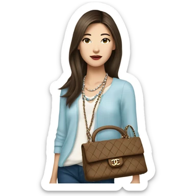 Realistic brown hair blue eyes Chanel Asian Girl with Birkin bag and Chanel necklace sticker