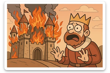 castle on fire, stylized cartoon, bold lines sticker