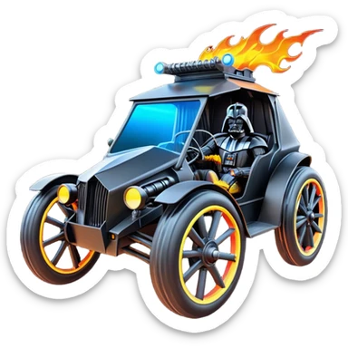 Mad max survival apocalypse ghostly Darth Vader’s Batman-armored 1886 black graphite colored school buggy with horizontal holographic flames painted on the side and neon under glow  sticker