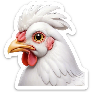 Cinematic Noble White Chicken Portrait Emoji, Poised and regal, with a compact, sturdy build and a pristine, well-groomed pure white plumage, deep-set soulful beady eyes, Simplified yet sharp and sophisticated features, highly detailed, glowing with a soft, dignified glow, high shine, intelligent and alert, stylized with an air of barnyard elegance, focused and attentive, soft glowing outline, capturing the essence of a watchful and confident fowl, so majestic it feels as though it could strut out of the screen with effortless authority! sticker