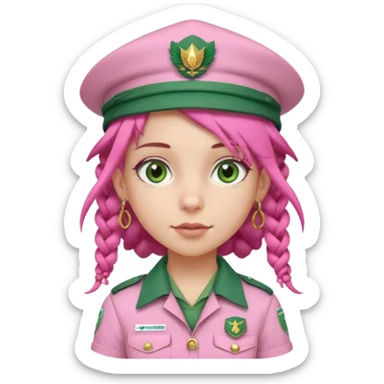 very pretty girl big green eyes, scout girl with pretty pink uniform, pink dreadlocks, and big earrings and scouts hat sticker