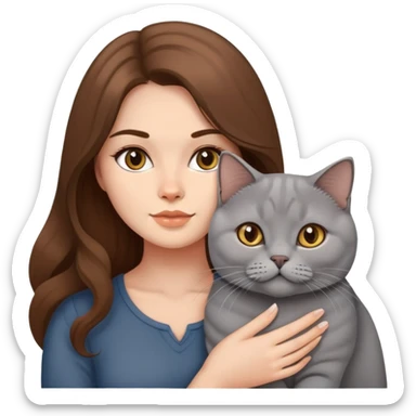 A brown long hair beautiful woman with a British shorthair cat sticker