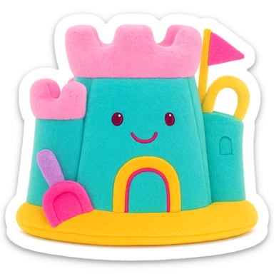 Make the stuffed animal jellycat sand castle more colorful with playful pastel and bright accents, keep the plush texture, no background, soft plush toy style sticker