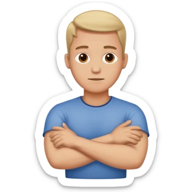 Man with crossed arms holding neck sticker