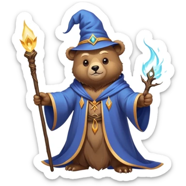 A bear wizard casting a spell with magical staff and flowing robes sticker