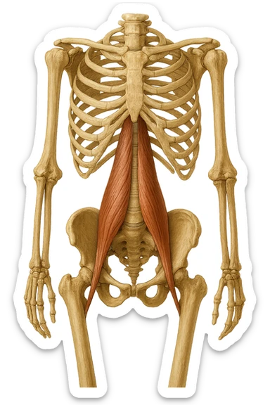 fai un immagine identica che riguarda IL MUSCOLO PSOAS i in evidenza (anatomicO) con colori naturali di un corpo umano. falla iperrealistica anatomica in 4k sticker