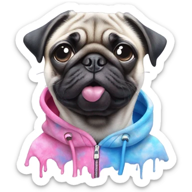 Pug sticking tongue out wearing pink and blue Tye dye hoodie sticker