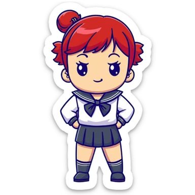 Serious anime girl with short bright red hair wearing Japanese sailor style school uniform, composed expression with hand on hip, confident and stern sticker