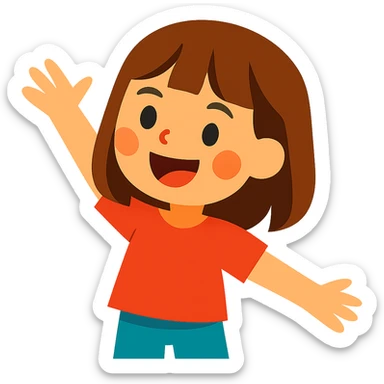happy girl with medium straight brown hair, light skin tone, vibrant cartoon style sticker