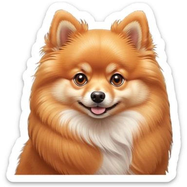Cinematic Cute Orange Pomeranian Portrait Emoji, Head tilted playfully and inquisitively, featuring a luscious, fluffy orange Fur with a natural sheen, round, sparkling brown eyes filled with curiosity, Simplified yet irresistibly adorable features, highly detailed, glowing with a warm, friendly glow, high shine, affectionate and lively, stylized with a touch of whimsy, bright and endearing, soft glowing outline, capturing the essence of a mischievous yet loving pup, so playful it feels like it could scamper out of the screen and into your arms! sticker