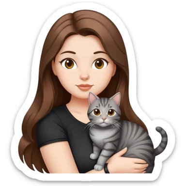 Hot curvy woman, long hair, with super cute cat, she is white with brown hair, black top, the cat is a grey tabby sticker