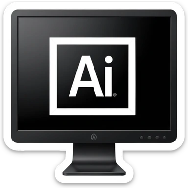 Minimalistic flat vector icon, iOS style, thin black contour on white background. Adobe Illustrator logo "Ai" inside a simple square, clean and modern, no text outside the logo, no shadows. Optionally placed on a minimal computer monitor outline sticker