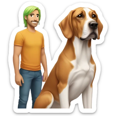 white male with long rainbow colored hair standing alongside a brown rhodesian ridgeback sticker