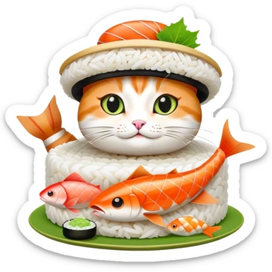 cat wearing a hat with a rice base, multiple fish pieces on top, and wasabi accent, sushi hat sticker