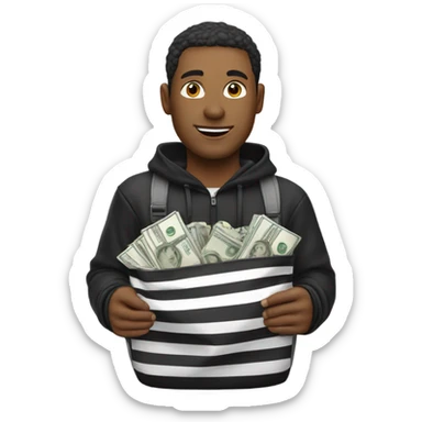 a man with a sweat with black and white line and a cagoule with a bog of money sticker