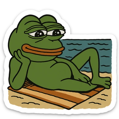 3D Pepe the Frog lying with a towel near the sea, transparent background, PNG sticker