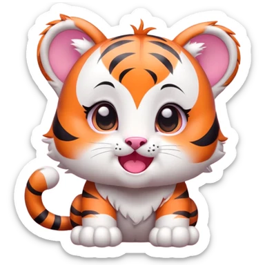 【形象】

Q版幼虎（圆脸+大眼占脸1/3）

橙白配色+粉爪垫

腮红/星星眼特效

【表情】
必备款：
1️⃣ 爱心眼吐舌❤️
2️⃣ 炸毛飞机耳💢
3️⃣ 泪目委屈脸😢
4️⃣ 挥手眯眼笑👋

【风格】
扁平插画+粗轮廓线
高饱和度+3色内简洁

【规格】
透明PNG｜512x512px
文字区：顶部/底部15%
字体：圆润可爱型

【文字】可选配：
"嗷呜~" / "摸鱼中" / "就这？"

（✅ 可加虎头帽/云朵背景） sticker