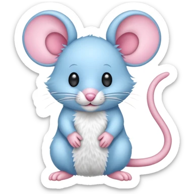 A small, light blue, fuzzy toy mouse with pink ears and a pink nose sticker