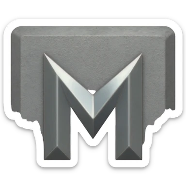 Minimalist 3D emoji based on image_e44ce5.png: massive polished chrome geometric 'M' raised metal relief, integrated central on deeply impressed bare heel in rough grey concrete. Harsh shadows, high contrast. Isolated on white --no background sticker