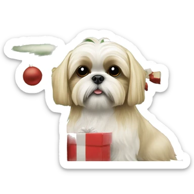 Blonde Shih tzu in front of a Christmas tree with presents sticker