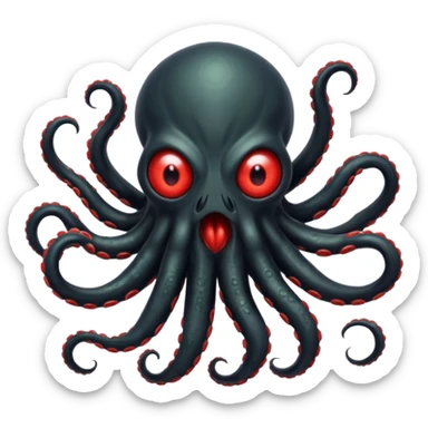 aggressive 8-tentacled black cyclops alien, black body, one big evil red eye in the middle, tentacles raised in attack, no arms or legs, emoji style sticker