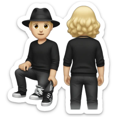 White man with short blond hair wearing a fedora black hat, and a black adidas sweater sticker