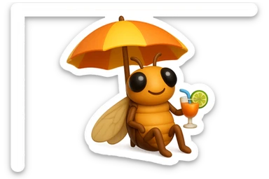 EMOJI STILE IPHONE 3D DI UNA CICALA CHE STA RILASSATA SEDUTA SOTTO L'OMBRELLONE IN SPIAGGIA CON UN COCKTAIL IN MANO sticker